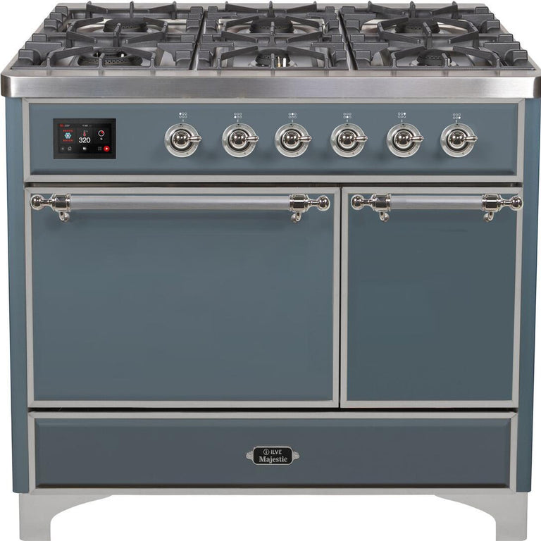 ILVE Majestic II 40" Natural Gas Burner, Electric Oven Range in Blue Grey with Chrome Trim, UMD10FDQNS3BGCNG