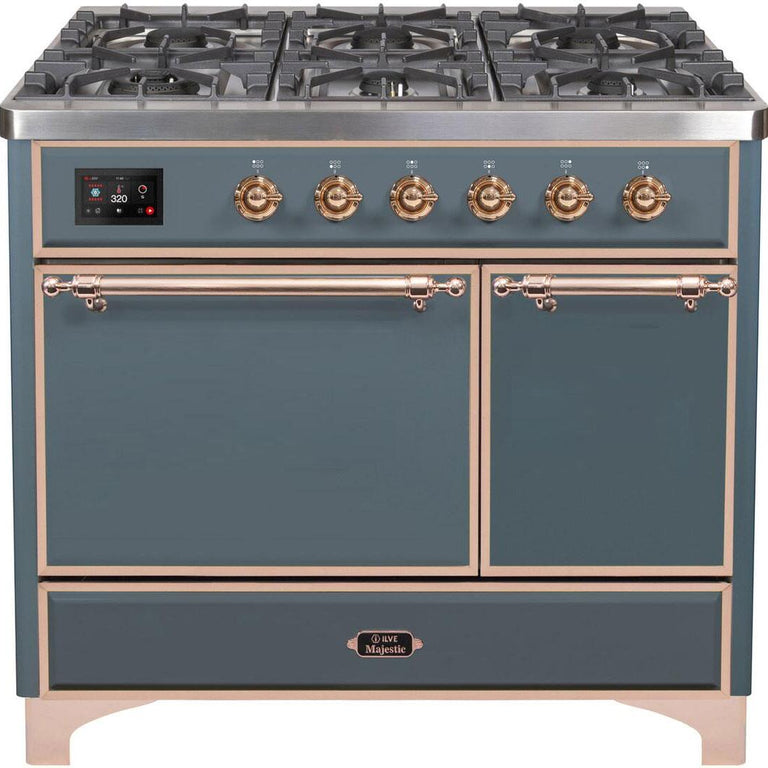 ILVE Majestic II 40" Propane Gas Burner, Electric Oven Range in Blue Grey with Copper Trim, UMD10FDQNS3BGPLP