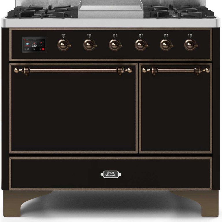 ILVE Majestic II 40" Propane Gas Burner, Electric Oven Range in Glossy Black with Bronze Trim, UMD10FDQNS3BKBLP