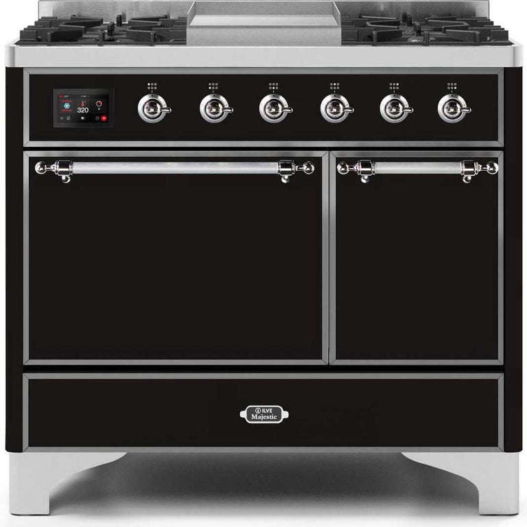 ILVE Majestic II 40" Propane Gas Burner, Electric Oven Range in Glossy Black with Chrome Trim, UMD10FDQNS3BKCLP
