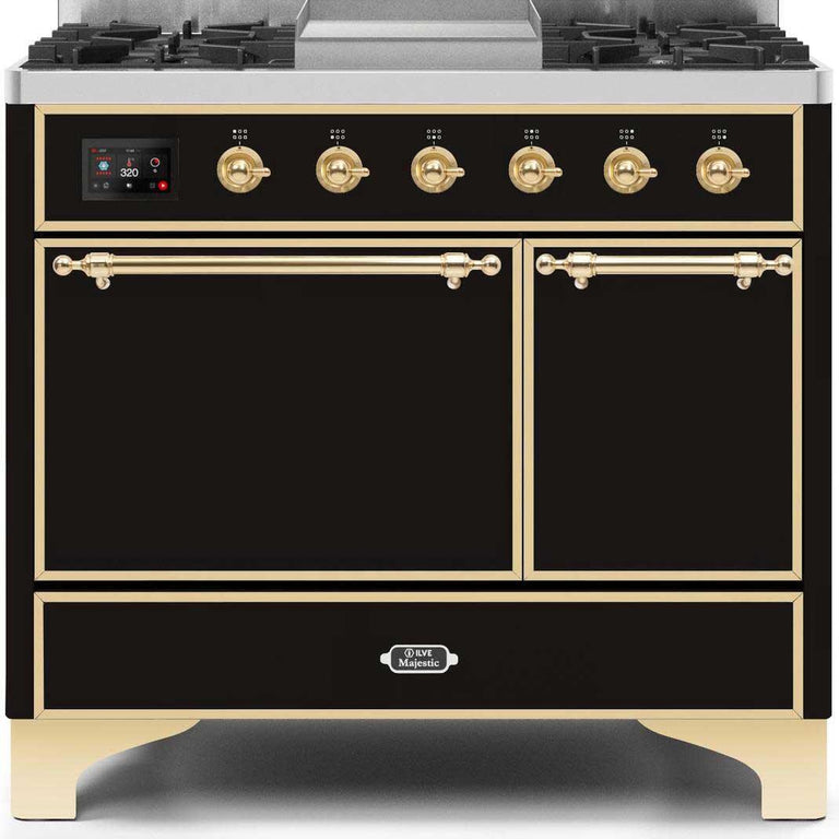 ILVE Majestic II 40" Natural Gas Burner, Electric Oven Range in Glossy Black with Brass Trim, UMD10FDQNS3BKGNG