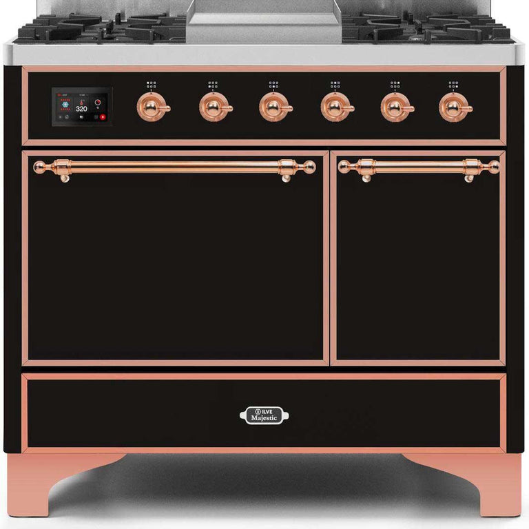 ILVE Majestic II 40" Propane Gas Burner, Electric Oven Range in Glossy Black with Copper Trim, UMD10FDQNS3BKPLP