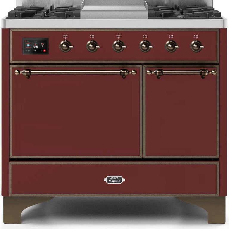 ILVE Majestic II 40" Propane Gas Burner, Electric Oven Range in Burgundy with Bronze Trim, UMD10FDQNS3BUBLP
