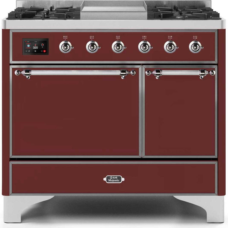 ILVE Majestic II 40" Natural Gas Burner, Electric Oven Range in Burgundy with Chrome Trim, UMD10FDQNS3BUCNG