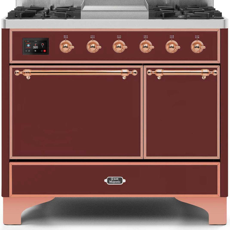 ILVE Majestic II 40" Propane Gas Burner, Electric Oven Range in Burgundy with Copper Trim, UMD10FDQNS3BUPLP
