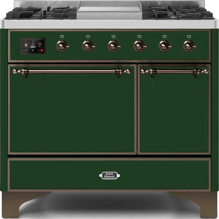 ILVE Majestic II 40" Natural Gas Burner, Electric Oven Range in Emerald Green with Bronze Trim, UMD10FDQNS3EGBNG