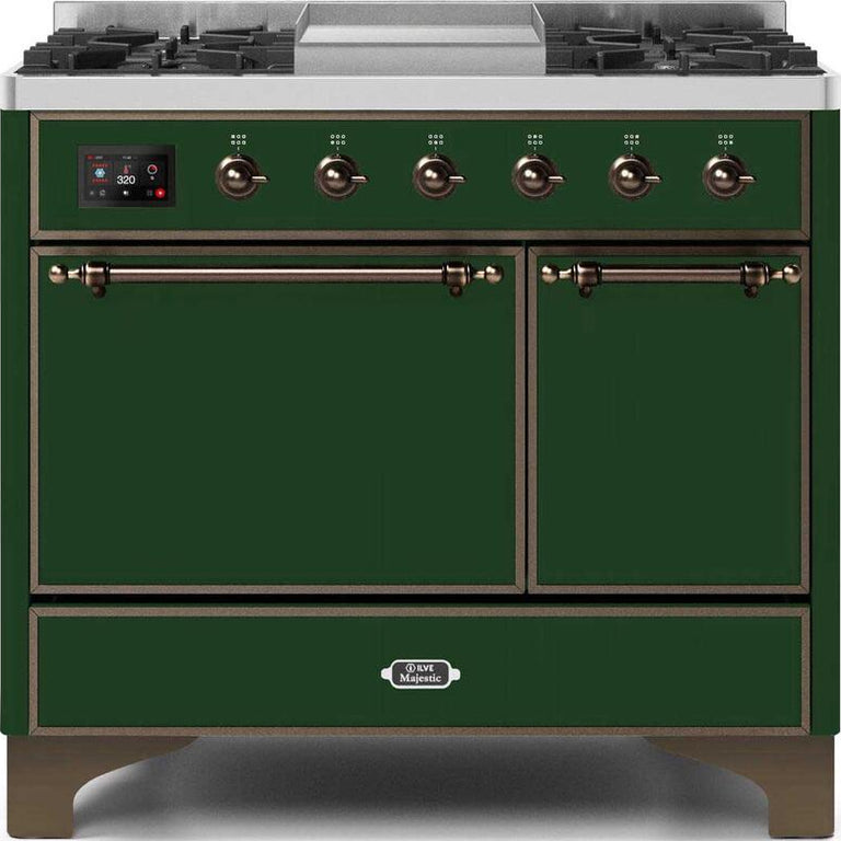 ILVE Majestic II 40" Propane Gas Burner, Electric Oven Range in Emerald Green with Bronze Trim, UMD10FDQNS3EGBLP