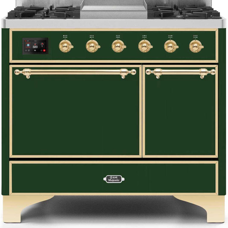 ILVE Majestic II 40" Natural Gas Burner, Electric Oven Range in Emerald Green with Brass Trim, UMD10FDQNS3EGGNG