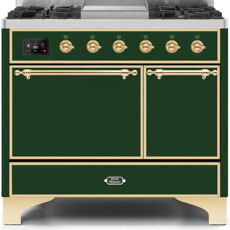 ILVE Majestic II 40" Propane Gas Burner, Electric Oven Range in Emerald Green with Brass Trim, UMD10FDQNS3EGGLP