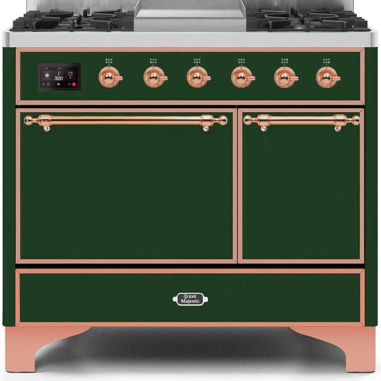 ILVE Majestic II 40" Natural Gas Burner, Electric Oven Range in Emerald Green with Copper Trim, UMD10FDQNS3EGPNG