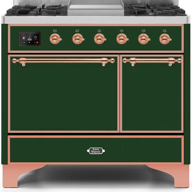 ILVE Majestic II 40" Propane Gas Burner, Electric Oven Range in Emerald Green with Copper Trim, UMD10FDQNS3EGPLP
