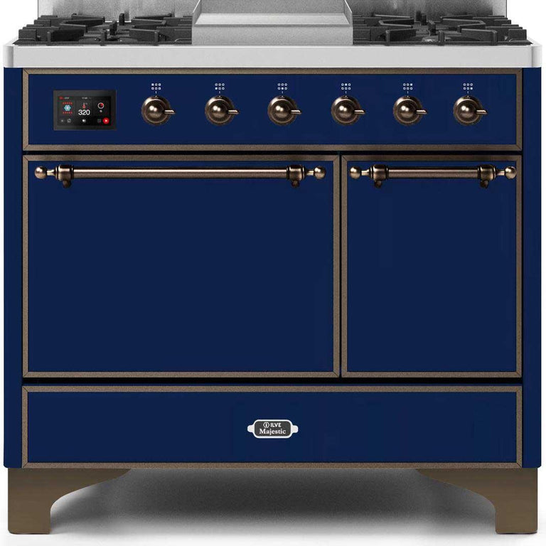 ILVE Majestic II 40" Propane Gas Burner, Electric Oven Range in Midnight Blue with Bronze Trim, UMD10FDQNS3MBBLP