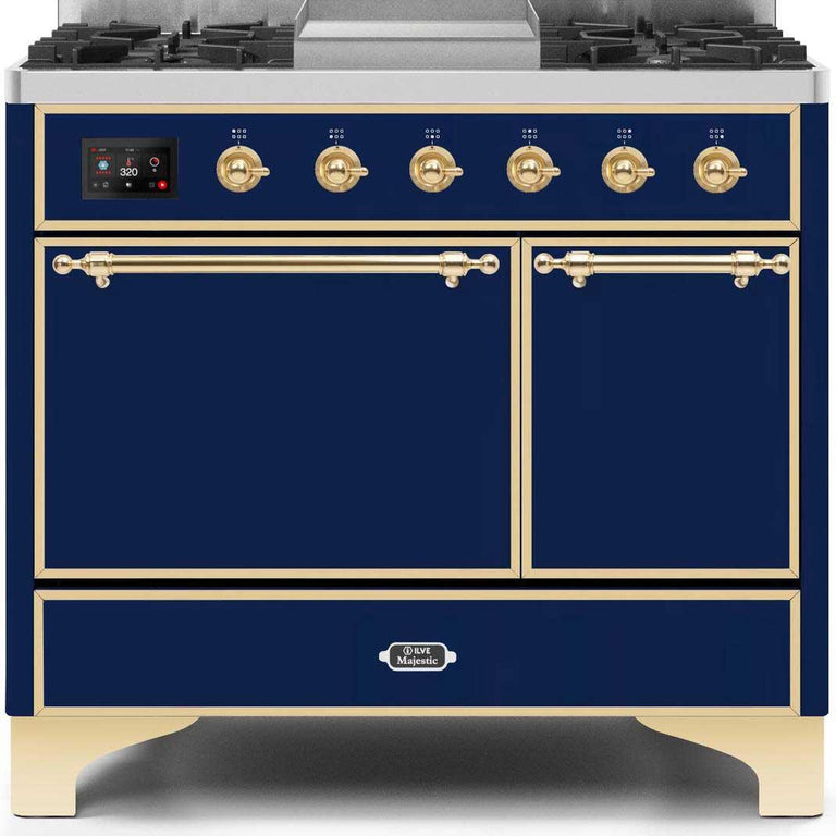 ILVE Majestic II 40" Propane Gas Burner, Electric Oven Range in Midnight Blue with Brass Trim, UMD10FDQNS3MBGLP
