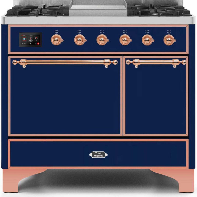 ILVE Majestic II 40" Propane Gas Burner, Electric Oven Range in Midnight Blue with Copper Trim, UMD10FDQNS3MBPLP