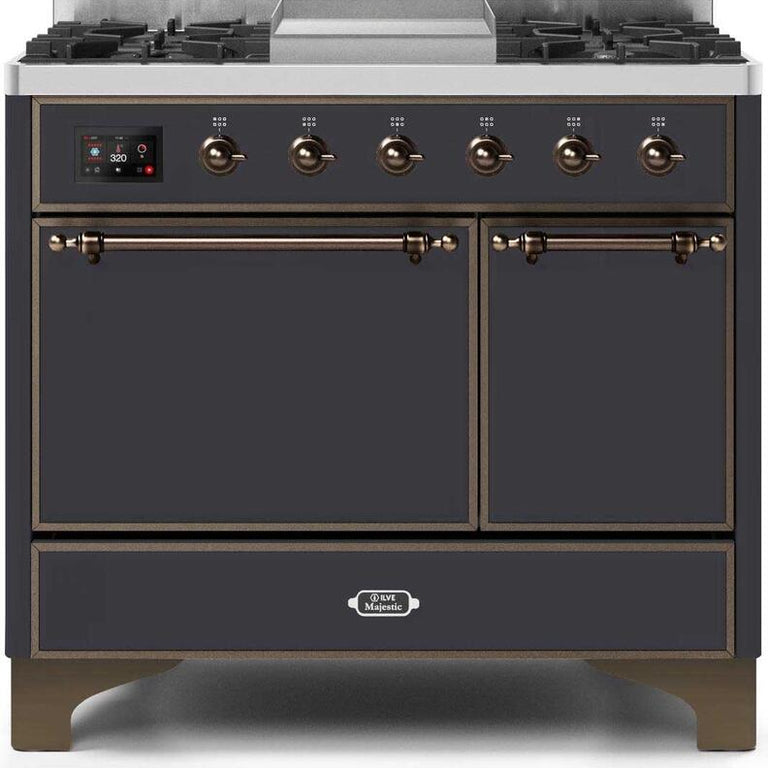 ILVE Majestic II 40" Propane Gas Burner, Electric Oven Range in Matte Graphite with Bronze Trim, UMD10FDQNS3MGBLP