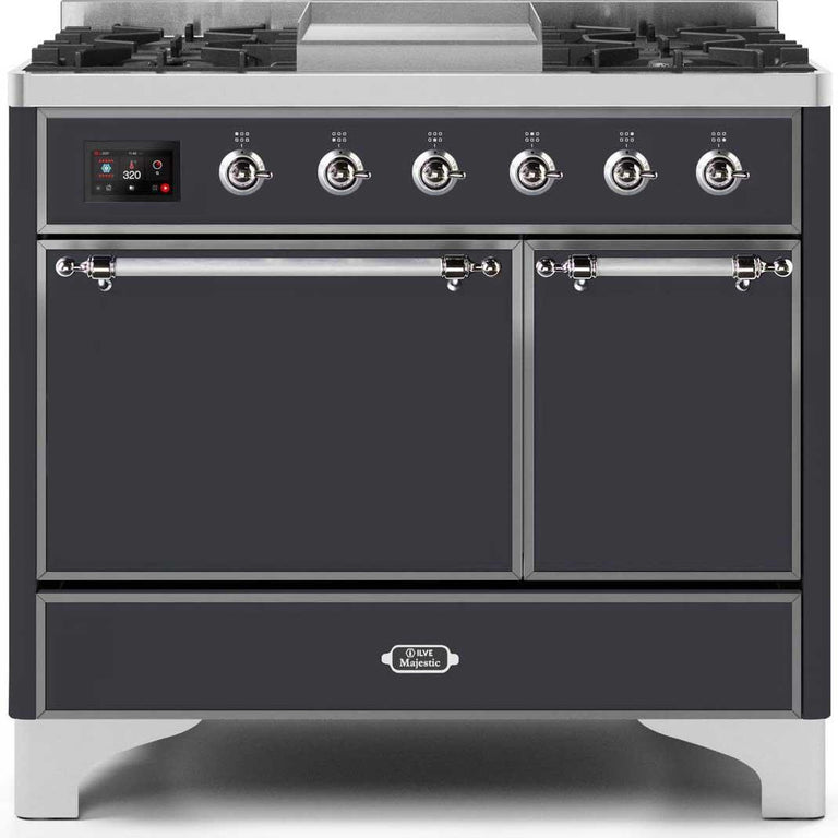 ILVE Majestic II 40" Natural Gas Burner, Electric Oven Range in Matte Graphite with Chrome Trim, UMD10FDQNS3MGCNG