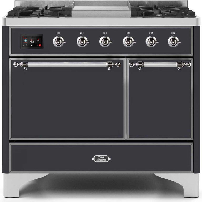 ILVE Majestic II 40" Propane Gas Burner, Electric Oven Range in Matte Graphite with Chrome Trim, UMD10FDQNS3MGCLP