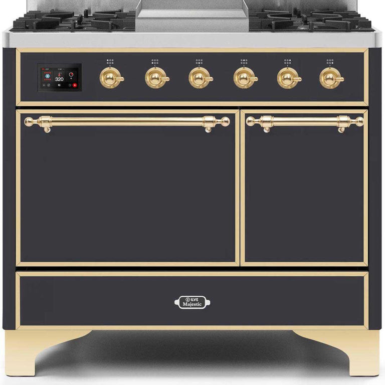 ILVE Majestic II 40" Natural Gas Burner, Electric Oven Range in Matte Graphite with Brass Trim, UMD10FDQNS3MGGNG
