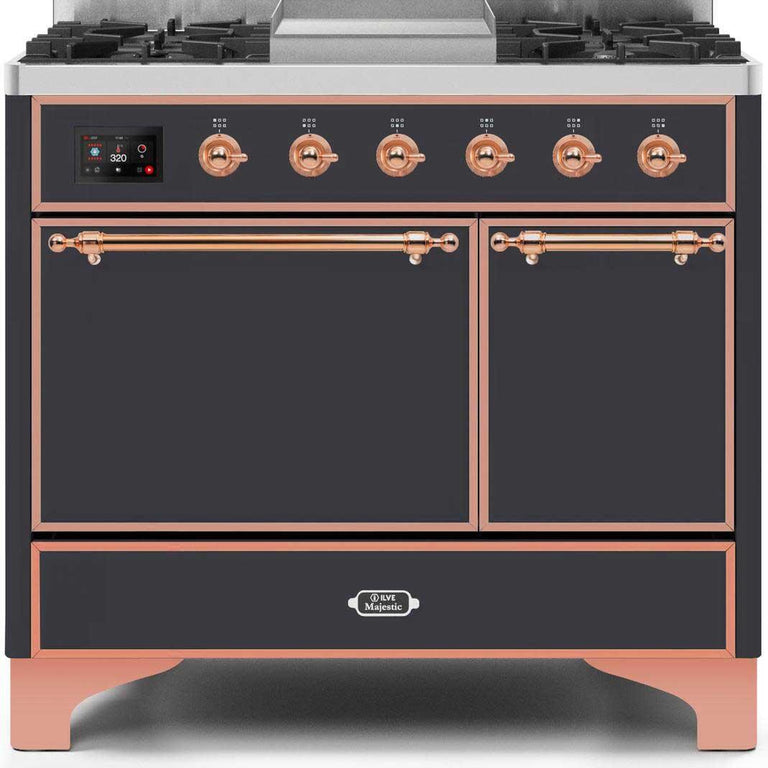 ILVE Majestic II 40" Natural Gas Burner, Electric Oven Range in Matte Graphite with Copper Trim, UMD10FDQNS3MGPNG