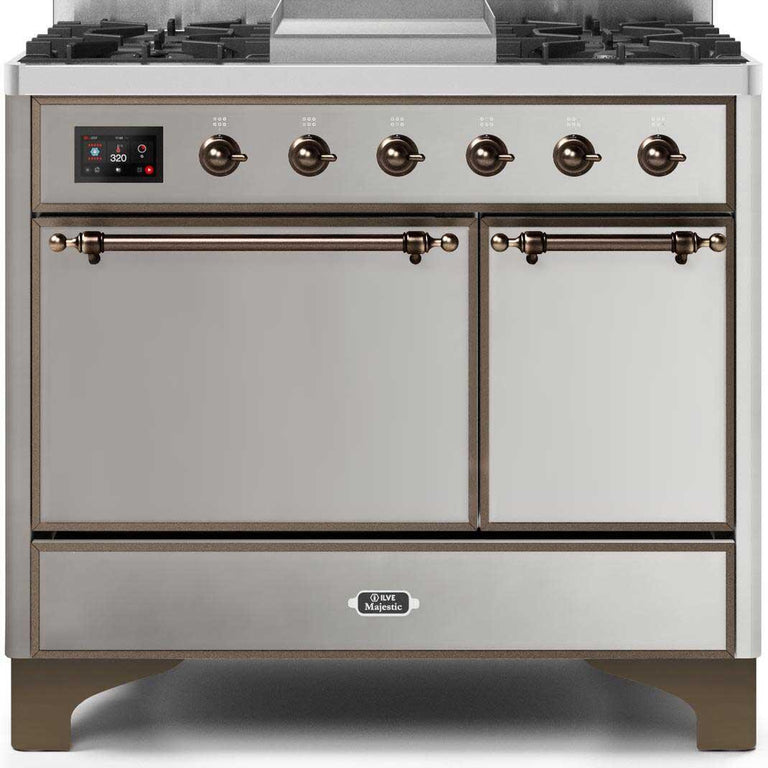 ILVE Majestic II 40" Natural Gas Burner, Electric Oven Range in Stainless Steel with Bronze Trim, UMD10FDQNS3SSBNG