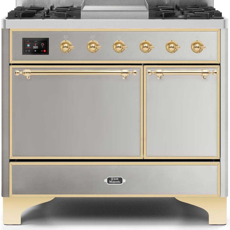 ILVE Majestic II 40" Natural Gas Burner, Electric Oven Range in Stainless Steel with Brass Trim, UMD10FDQNS3SSGNG
