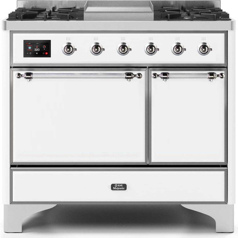 ILVE Majestic II 40" Propane Gas Burner, Electric Oven Range in White with Chrome Trim, UMD10FDQNS3WHCLP
