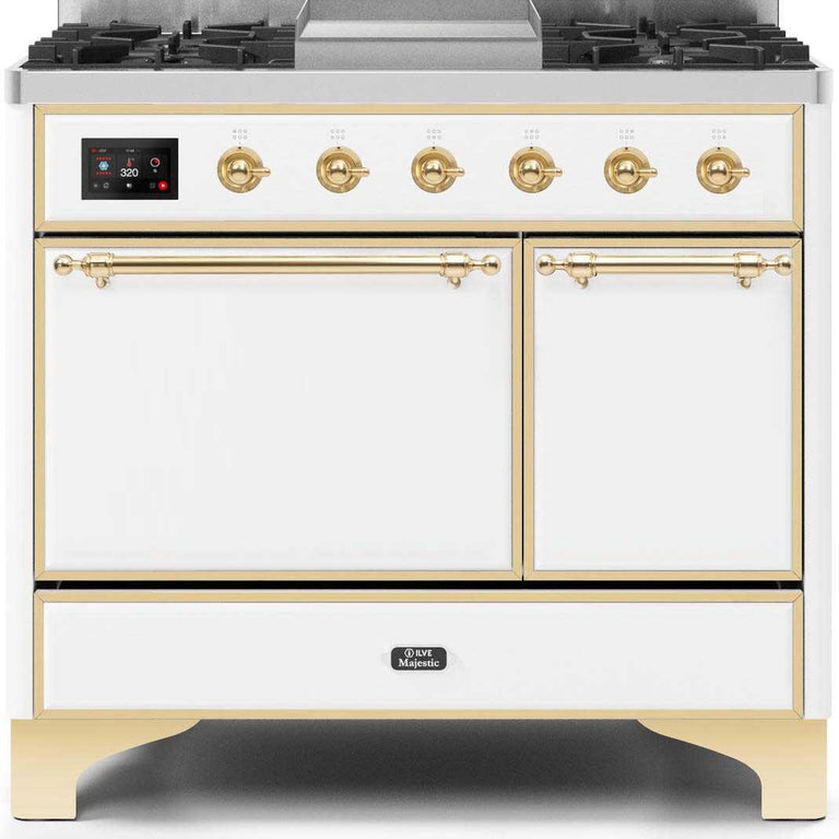 ILVE Majestic II 40" Propane Gas Burner, Electric Oven Range in White with Brass Trim, UMD10FDQNS3WHGLP