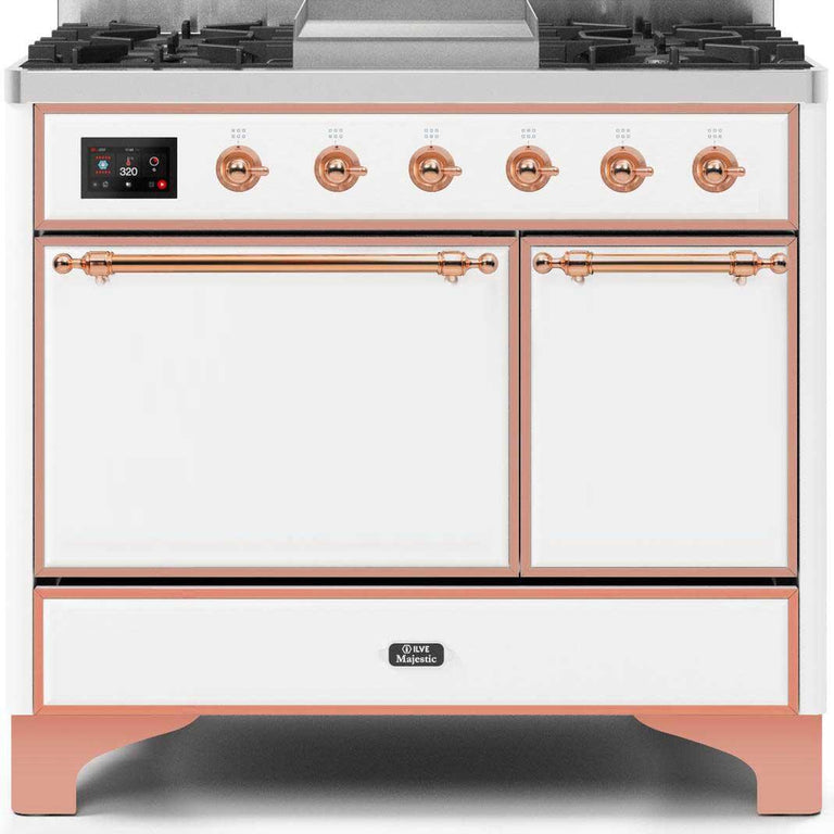 ILVE Majestic II 40" Propane Gas Burner, Electric Oven Range in White with Copper Trim, UMD10FDQNS3WHPLP