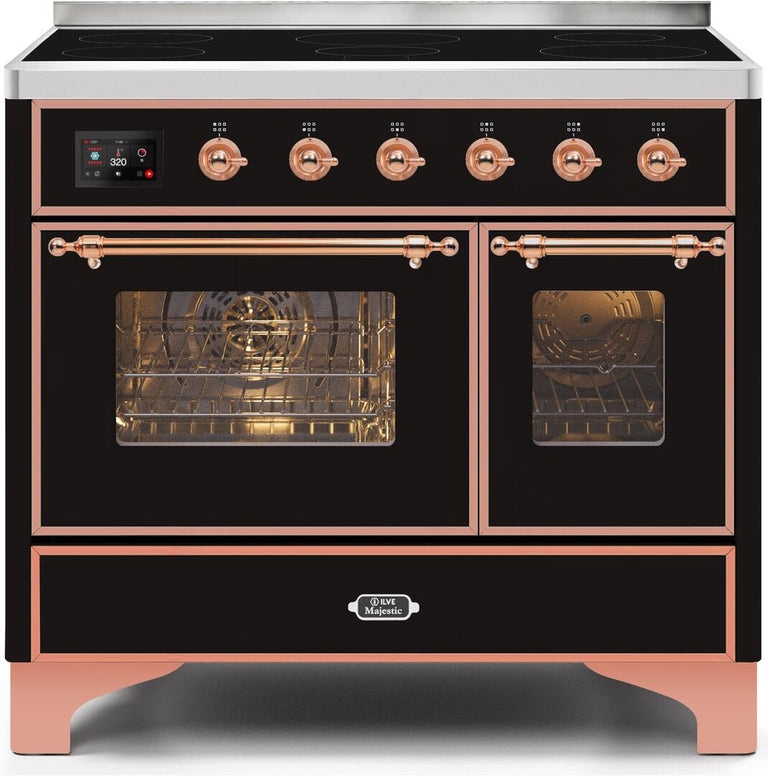 ILVE 40 in. Majestic II Series Induction Cooktop and Electric Oven Range with 6 Elements in Glossy Black with Copper Trim, UMDI10NS3BKP