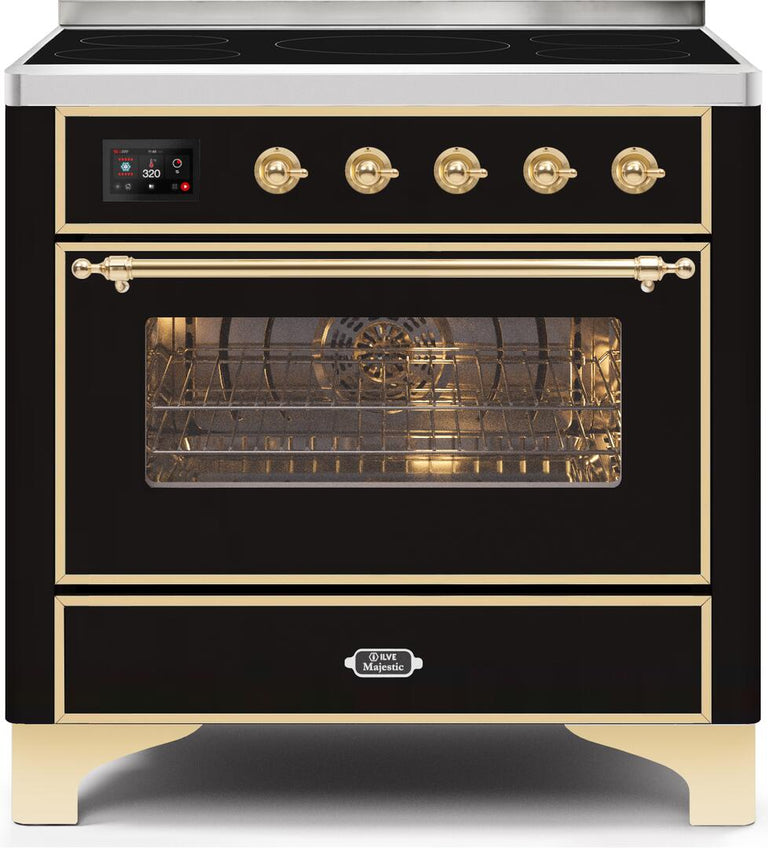 ILVE 36 in. Majestic II Series Electric Induction and Electric Oven Range with 5 Elements in Glossy Black with Brass Trim, UMI09NS3BKG