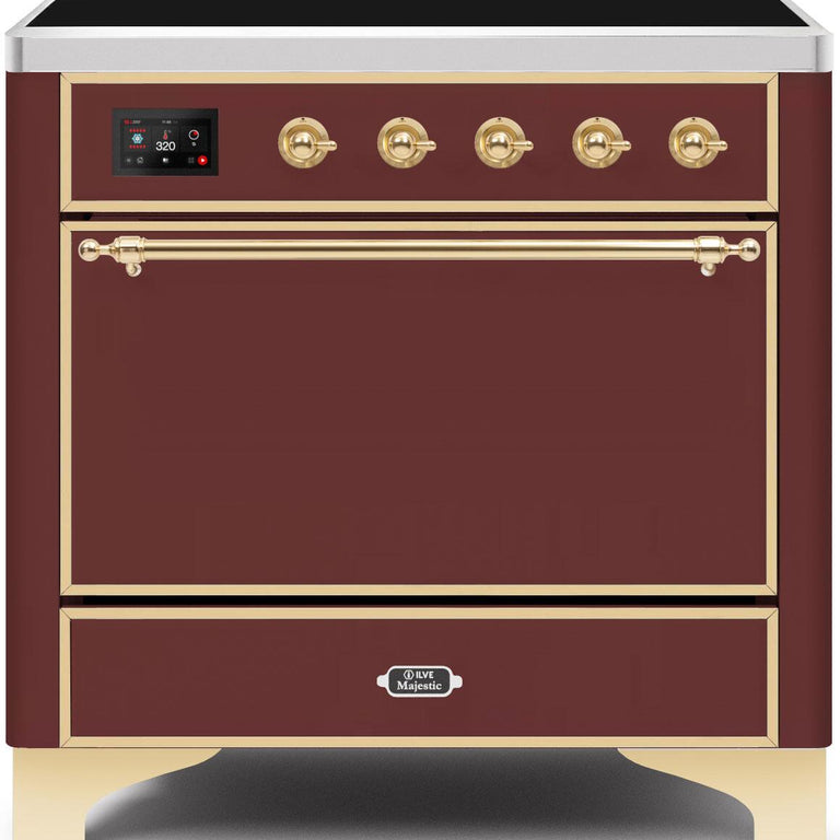 ILVE Majestic II 36" Induction Range in Burgundy with Brass Trim, UMI09QNS3BUG