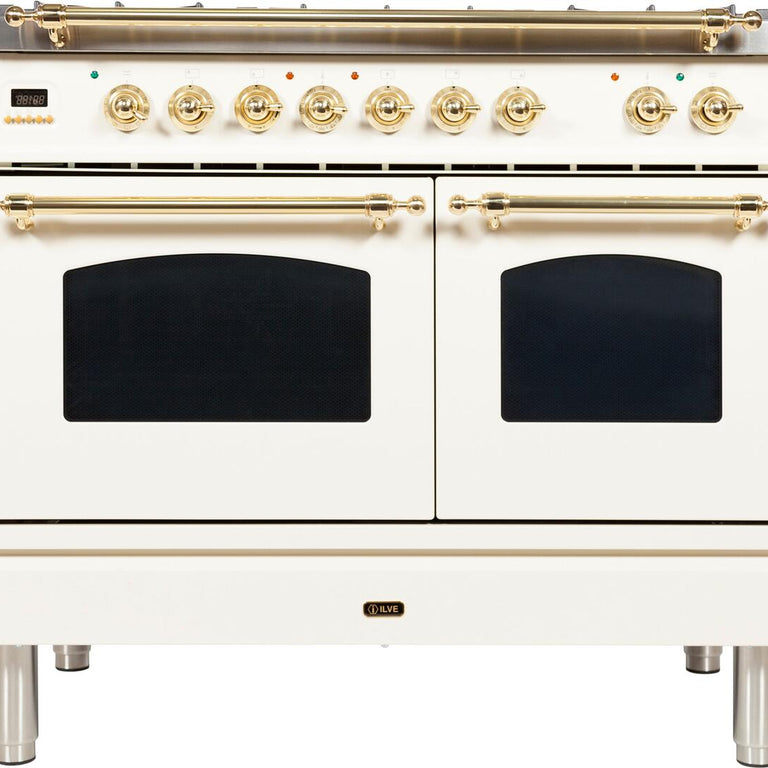 ILVE 40 in. Nostalgie Series Natural Gas Burner and Electric Oven Range in Antique White with Brass Trim, UPDN100FDMPANG