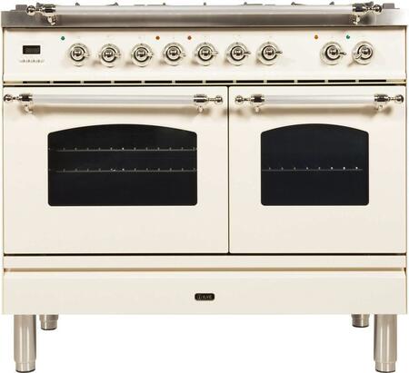 ILVE 40 in. Nostalgie Series Propane Gas Burner and Electric Oven Range in Antique White with Chrome Trim, UPDN100FDMPAXLP