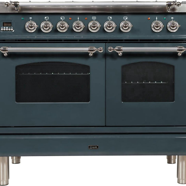 ILVE Nostalgie 40" Propane Gas Burner, Electric Oven Range in Blue Grey with Chrome Trim, UPDN100FDMPGUXLP