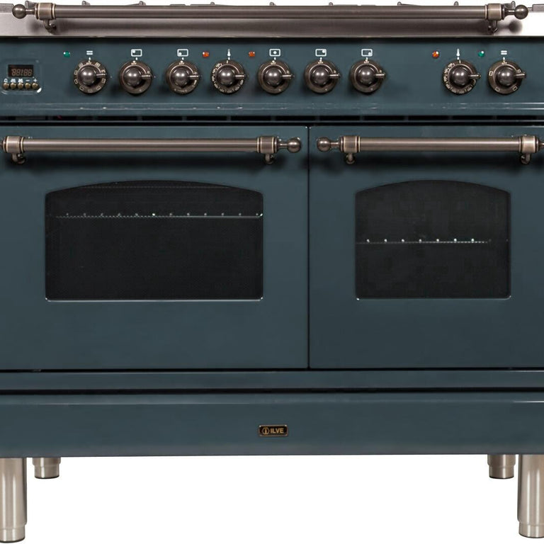 ILVE Nostalgie 40" Natural Gas Burner, Electric Oven Range in Blue Grey with Bronze Trim, UPDN100FDMPGUYNG