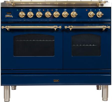 ILVE 40 in. Nostalgie Series Natural Gas Burner and Electric Oven Range in Midnight Blue with Brass Trim, UPDN100FDMPBLNG