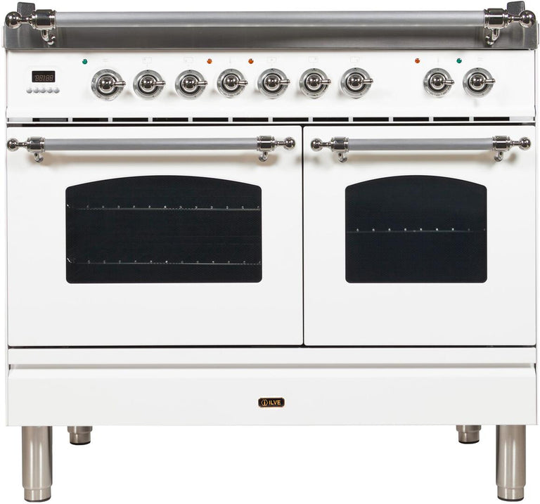 ILVE 40 in. Nostalgie Series Natural Gas Burner and Electric Oven Range in White with Chrome Trim, UPDN100FDMPBXNG