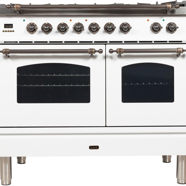 ILVE 40 in. Nostalgie Series Natural Gas Burner and Electric Oven Range in White with Bronze Trim, UPDN100FDMPBYNG