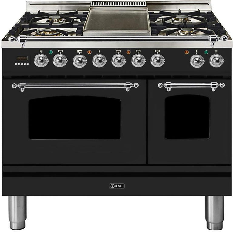 ILVE 40 in. Nostalgie Series Natural Gas Burner and Electric Oven Range in Matte Graphite with Chrome Trim, UPDN100FDMPMXNG