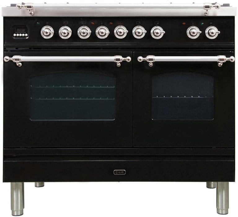 ILVE 40 in. Nostalgie Series Natural Gas Burner and Electric Oven Range in Glossy Black with Chrome Trim, UPDN100FDMPNXNG