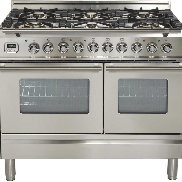 ILVE Professional Plus 40" Natural Gas Burner, Electric Oven Range in Glossy Black with Chrome Trim, UPDW1006DMPNNG