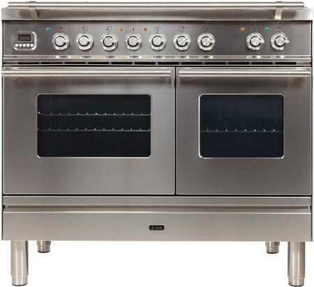 ILVE 40 in. Professional Plus Series Natural Gas Burner and Electric Oven Range in Stainless Steel with Chrome Trim, UPDW100FDMPING