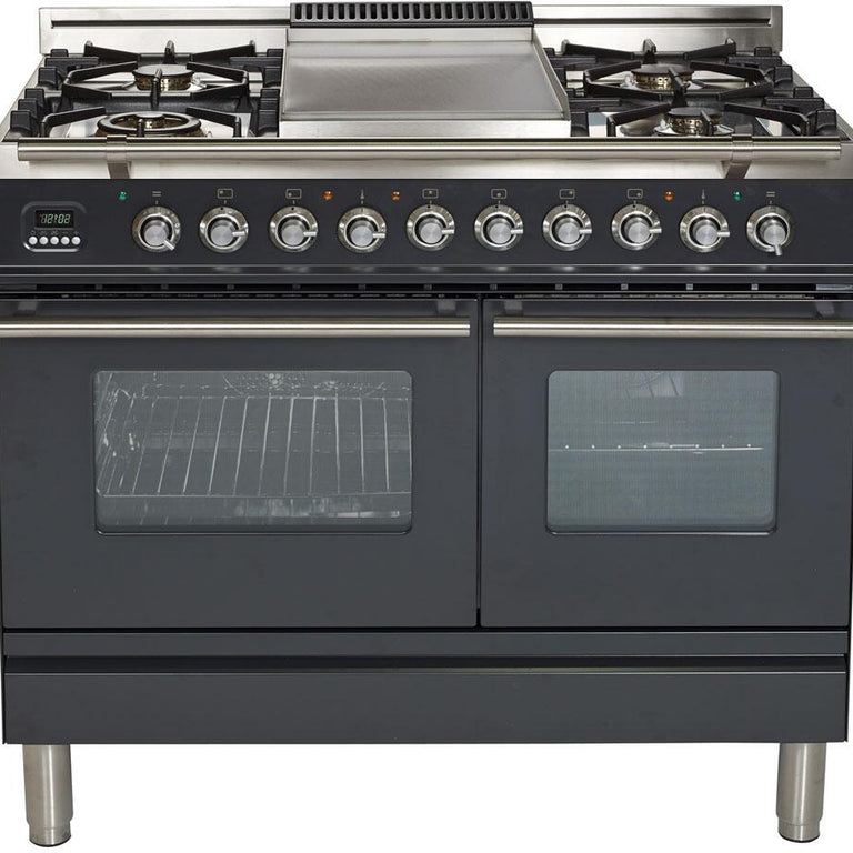 ILVE Professional Plus 40" Natural Gas Burner, Electric Oven Range in Glossy Black with Chrome Trim, UPDW100FDMPNNG