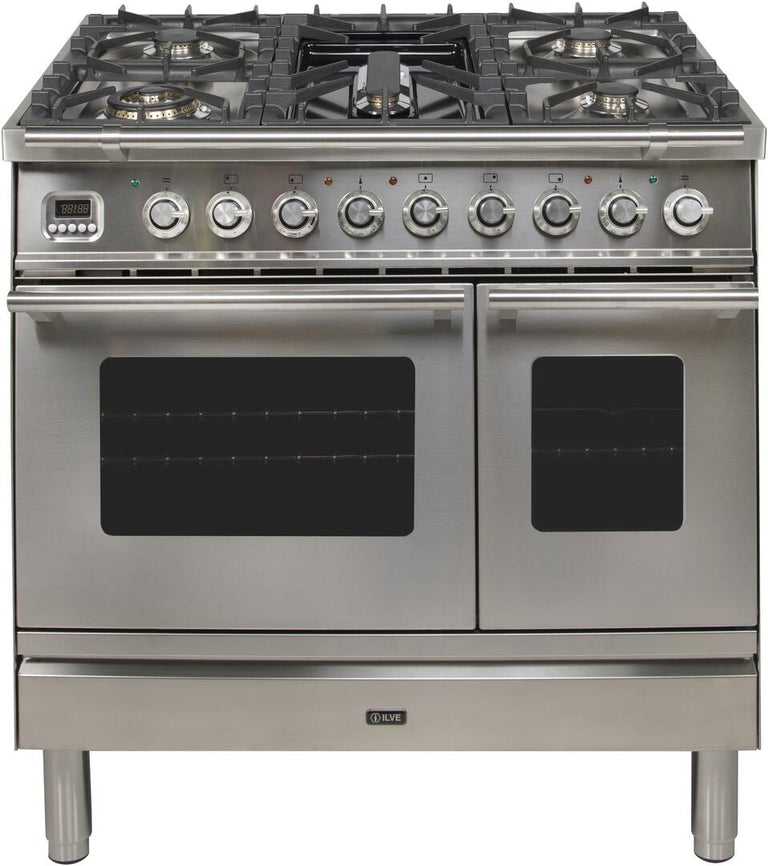 ILVE 36 in. Professional Plus Series Propane Gas Burner and Electric Oven Range in Stainless Steel with Chrome Trim, UPDW90FDMPILP