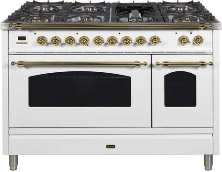 ILVE 48 in. Nostalgie Series Natural Gas Burner and Electric Oven Range in White with Brass Trim, UPN120FDMPBNG