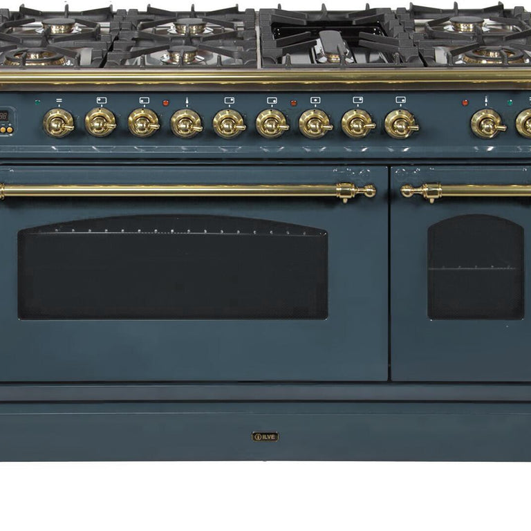 ILVE Nostalgie 48" Natural Gas Burner, Electric Oven Range in Blue Grey with Brass Trim, UPN120FDMPGUNG
