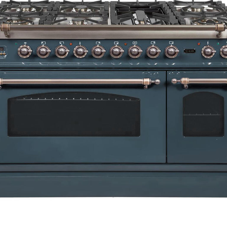 ILVE Nostalgie 48" Propane Gas Burner, Electric Oven Range in Blue Grey with Bronze Trim, UPN120FDMPGUYLP