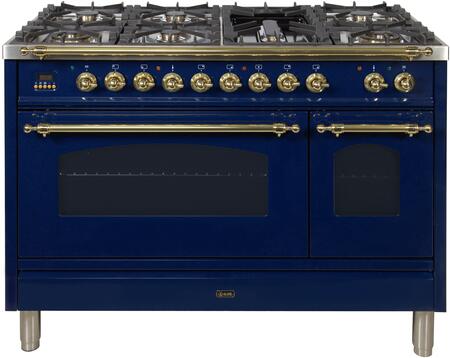 ILVE 48 in. Nostalgie Series Natural Gas Burner and Electric Oven Range in Midnight Blue with Brass Trim, UPN120FDMPBLNG