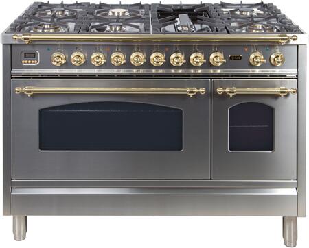 ILVE 48 in. Nostalgie Series Propane Gas Burner and Electric Oven Range in Stainless Steel with Brass Trim, UPN120FDMPILP
