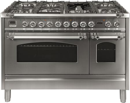 ILVE 48 in. Nostalgie Series Natural Gas Burner and Electric Oven Range in Stainless Steel with Chrome Trim, UPN120FDMPIXNG